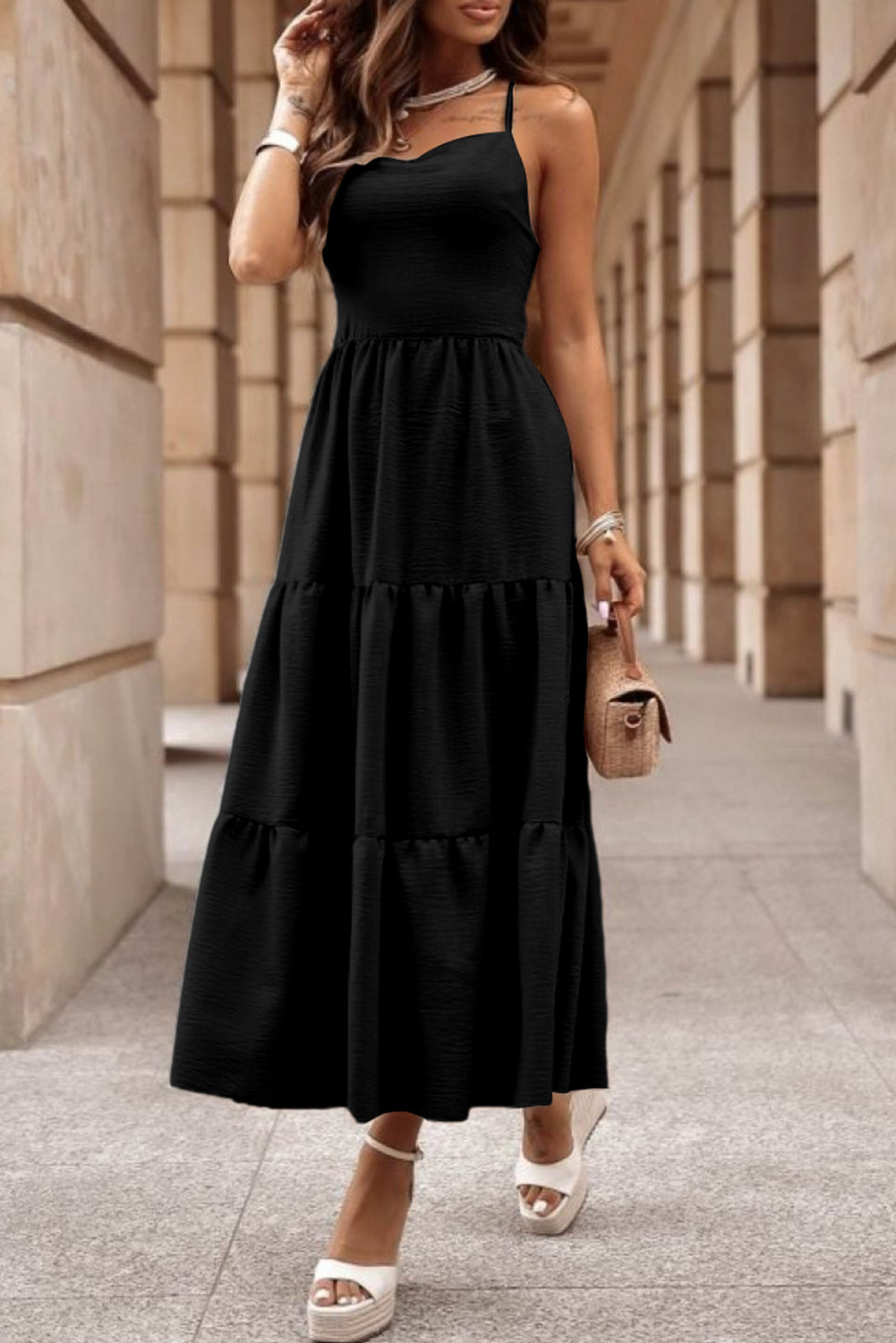 Tiered Crisscross Spaghetti Strap Dress - Luminous Bear Shop