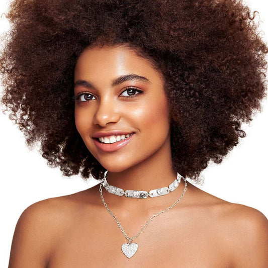 2 Pcs Silver Link Heart Choker Necklaces - Luminous Bear Shop