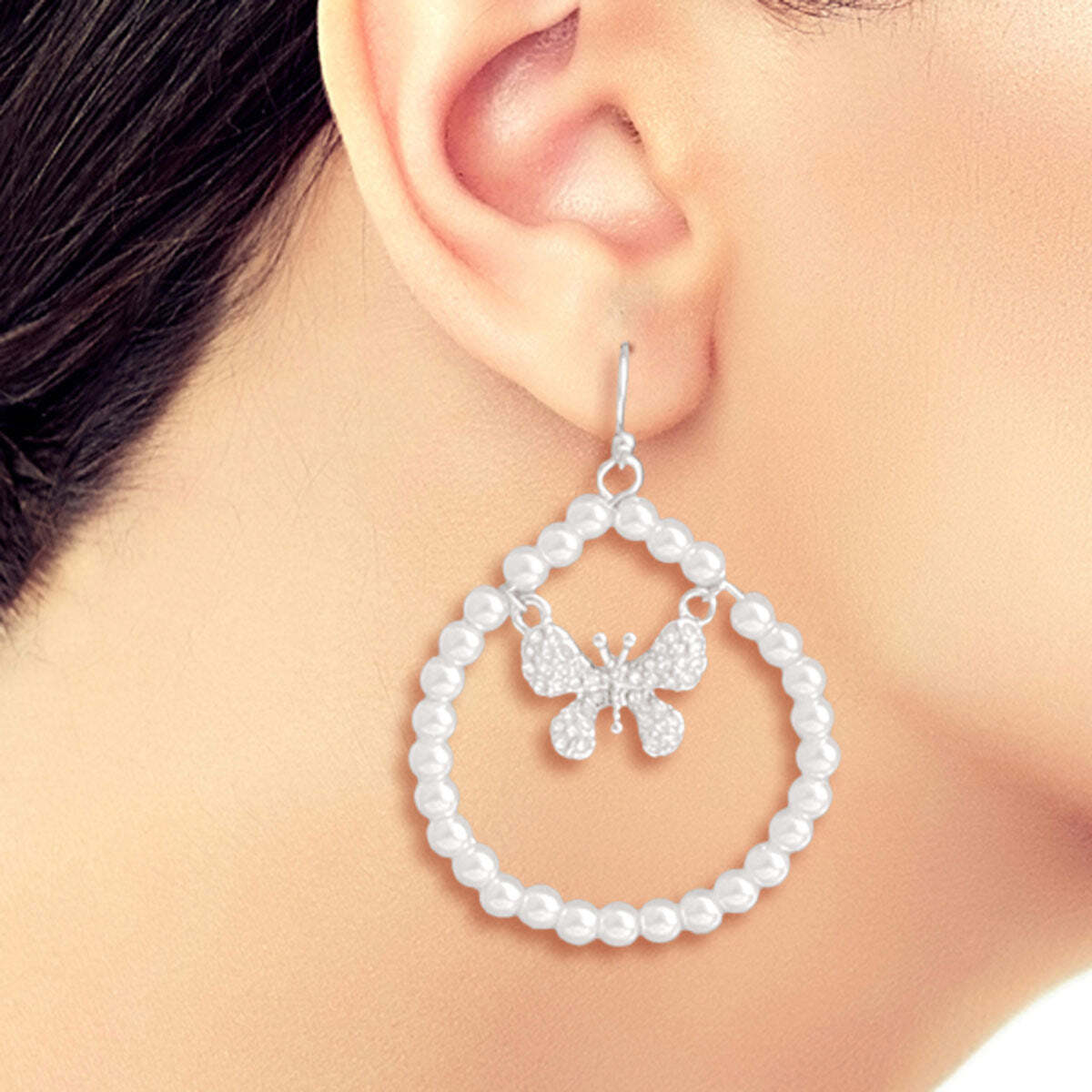 Silver Butterfly in Pearl Drop Hoops - Luminous Bear Shop