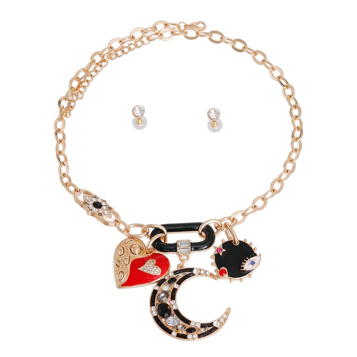 Black Moon and Heart Charm Chain - Luminous Bear Shop