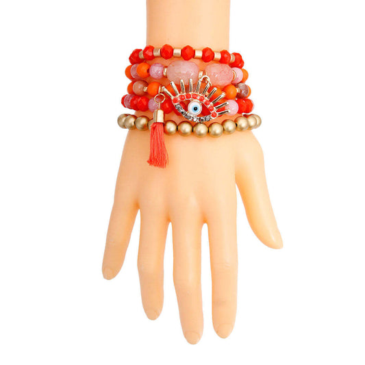 Coral and Matte Gold Evil Eye Bracelets - Luminous Bear Shop