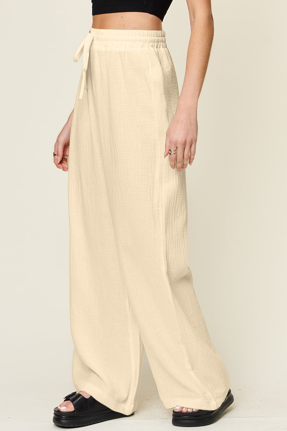 Double Take Full Size Texture Drawstring Wide Leg Pants - Luminous Bear Shop