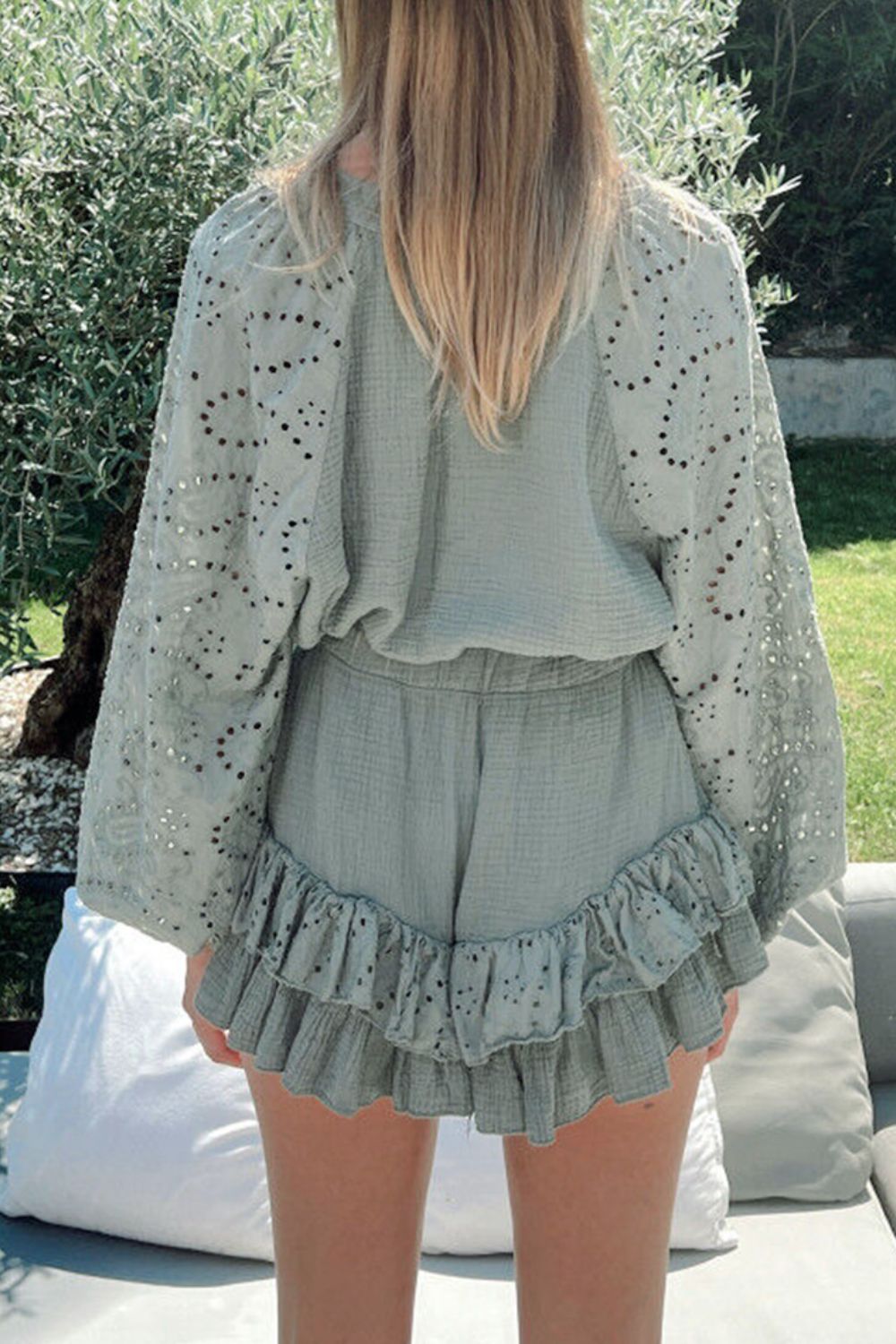 Eyelet Half-Button Top and Shorts Set - Luminous Bear Shop