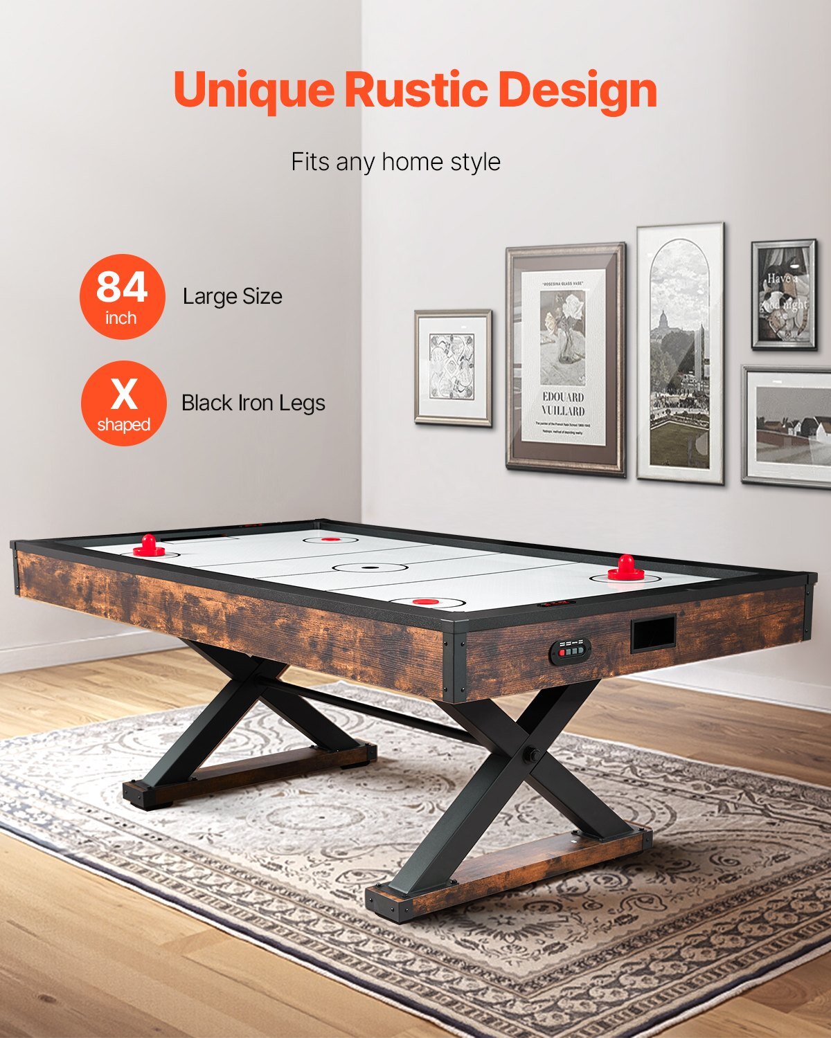 84" Air Hockey Table, Indoor Arcade Table Gaming Set with 2 Pushers, 2 Pucks, Electronic Scorer, X-shaped Legs & High-powered Blower, Air Powered Hockey Game Table for Family Game Room Office
