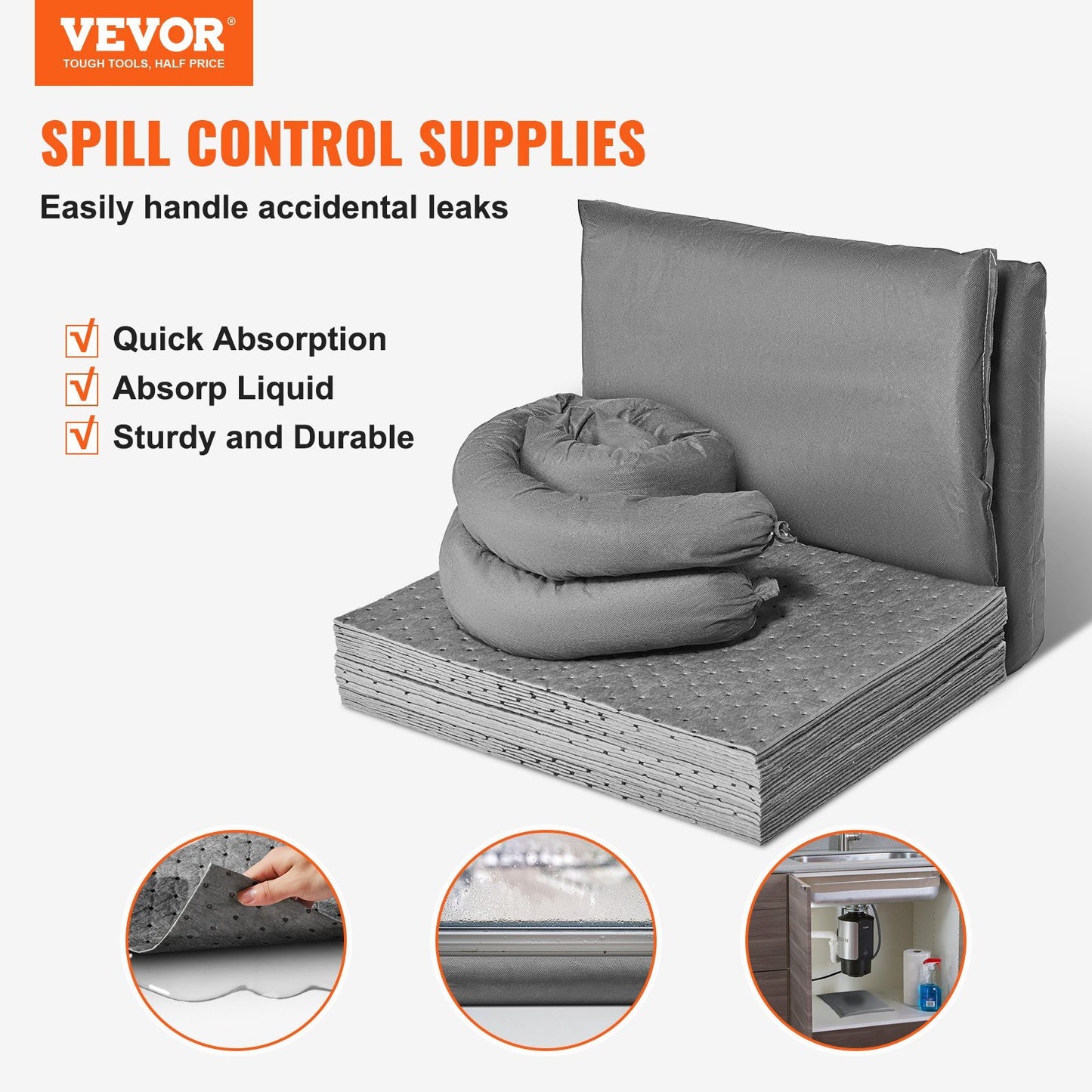 VEVOR Universal Spill Kit, Spill Control Supplies 43 pcs, Includes 30 Universal Sorbent Pads, 2 Universal Sorbent Socks 3"x4', 2 Disposal Pillows, Rubber Gloves, and Bag - Luminous Bear Shop