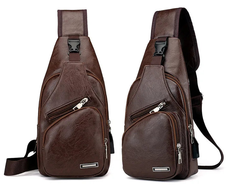 Fashion Leather Sling Bag – Men’s Chest Bag with USB Charging Port, Single Shoulder Briefcase for Outdoor & Daily Use
