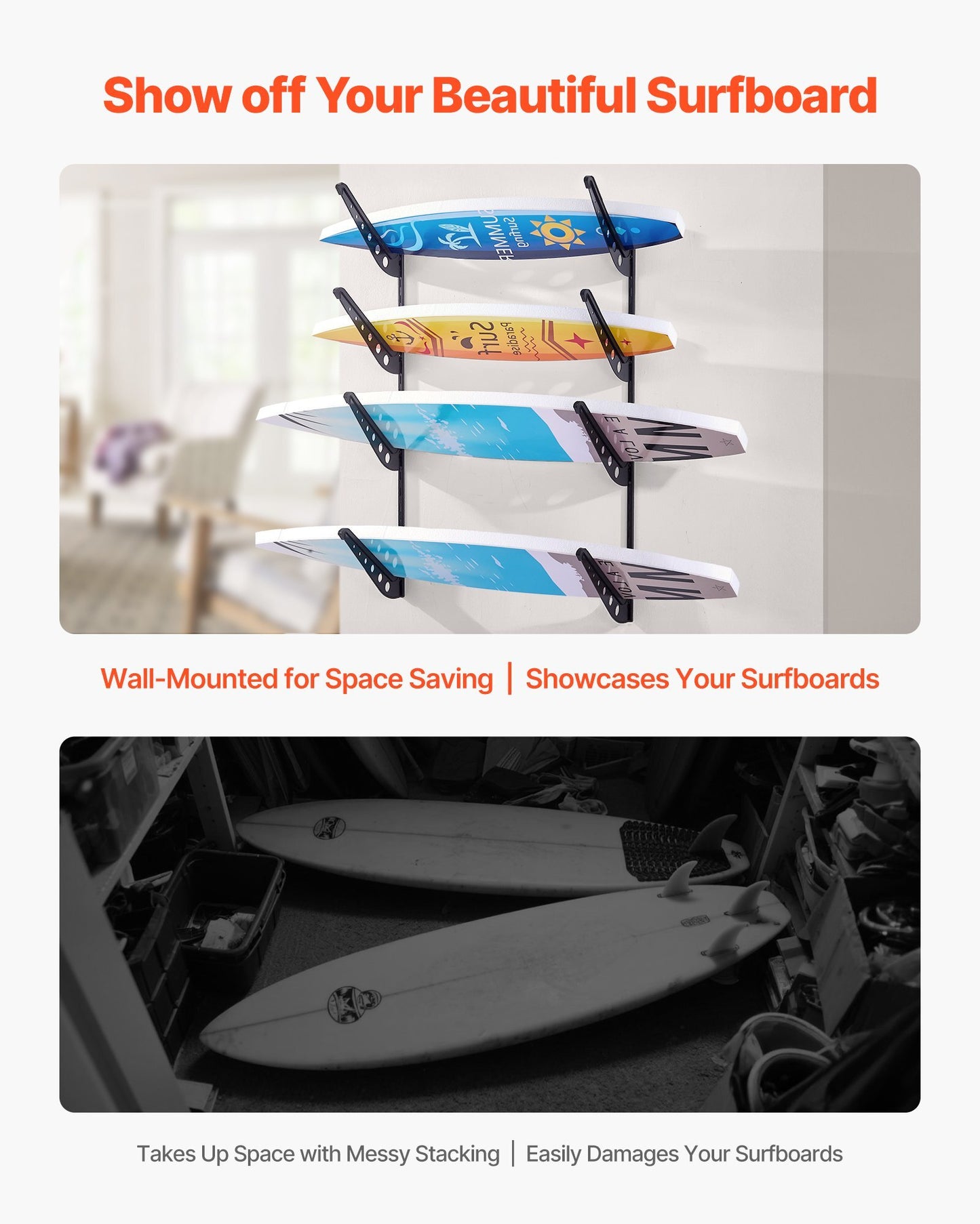 Surfboard Wall Mount, 4 Tiers Horizontal Surfboard Rack for Storage and Display, Adjustable Height Metal Board Stand Organizer, Surf Board Holder for Snowboards, Kiteboards, Shortboard, Skis