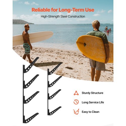 Surfboard Wall Mount, 4 Tiers Horizontal Surfboard Rack for Storage and Display, Adjustable Height Metal Board Stand Organizer, Surf Board Holder for Snowboards, Kiteboards, Shortboard, Skis