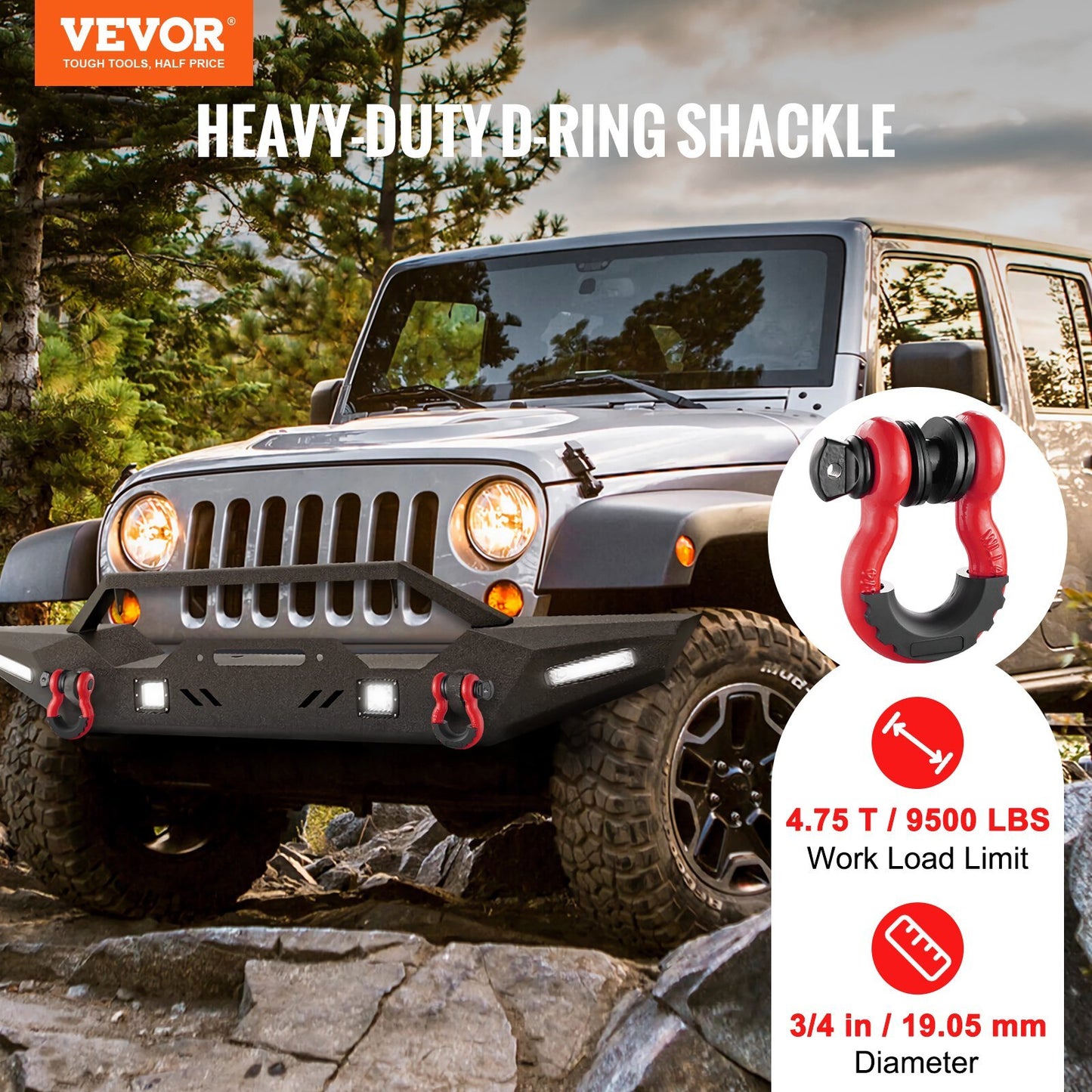 VEVOR 3/4" D-Ring Shackle, 2 Pack Alloy Steel Shackles 62832 lbs (28.5 Ton) Break Strength with 7/8" Screw Pin, Isolators & Washers, Heavy Duty Off Road Vehicle Recovery Shackle for Jeep Truck, Red - Luminous Bear Shop