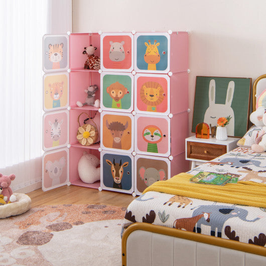 12 Cube Kids Wardrobe Closet with Hanging Section and Doors-Pink - Color: Pink