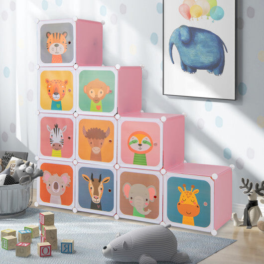12 Cube Kids Wardrobe Closet with Hanging Section and Doors-Pink - Color: Pink