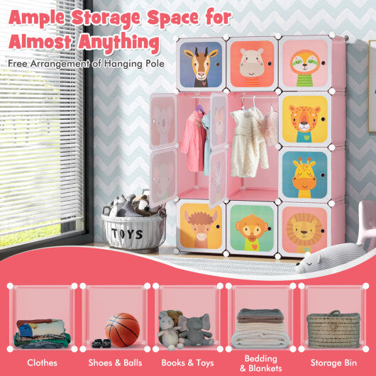 12 Cube Kids Wardrobe Closet with Hanging Section and Doors-Pink - Color: Pink