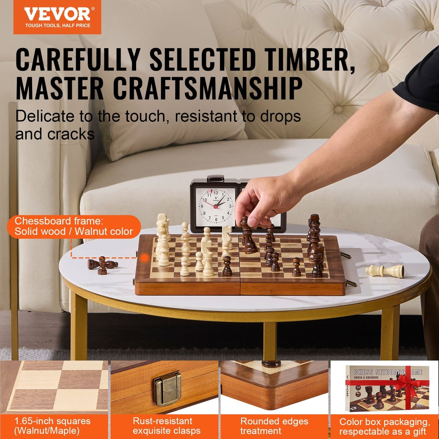 Magnetic Wooden Chess Set, 15 inch 2-IN-1 Chess Checkers Game Set, Folding Chess Board Games for Adults Kids, 2 Queens Portable Travel Gift Chess Set for Tournament Professional Beginner
