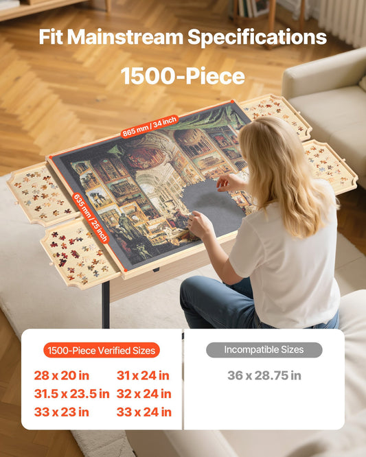 1500 Piece Puzzle Table with Legs, 4 Drawers and Cover, 34x25 in Portable Wooden Board with Wheels, Jigsaw Puzzle Accessories for Adults, Adjustable Height & 5-Tilting-Angle, Gift for Mom