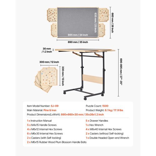 1500 Piece Puzzle Table with Legs, 4 Drawers and Cover, 34x25 in Portable Wooden Board with Wheels, Jigsaw Puzzle Accessories for Adults, Adjustable Height & 5-Tilting-Angle, Gift for Mom