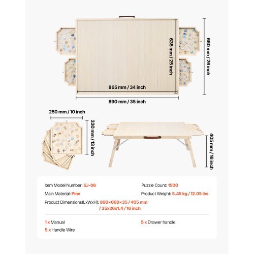 1500 Piece Puzzle Table with Folding Legs, 4 Drawers and Cover, 34x25 in Portable Wooden Board, Jigsaw Puzzle Accessories for Adults, Puzzle Organizer & Storage System, Birthday Gift for Mom