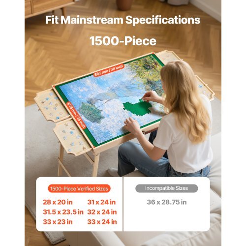 1500 Piece Puzzle Table with Folding Legs, 4 Drawers and Cover, 34x25 in Portable Wooden Board, Felt Surface Jigsaw Puzzle Accessories for Adults, Adjustable 6-Tilting-Angle, Gift for Mom