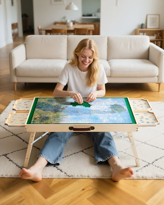 1500 Piece Puzzle Table with Folding Legs, 4 Drawers and Cover, 34x25 in Portable Wooden Board, Felt Surface Jigsaw Puzzle Accessories for Adults, Adjustable 6-Tilting-Angle, Gift for Mom