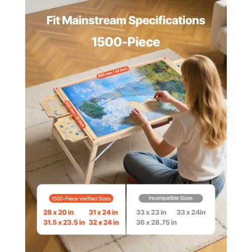 1500 Piece Puzzle Table with Folding Legs, 4 Drawers and Cover, 34x25 in Portable Wooden Board, Felt Surface Jigsaw Puzzle Accessories for Adults, Adjustable 6-Tilting-Angle, Gift for Mom
