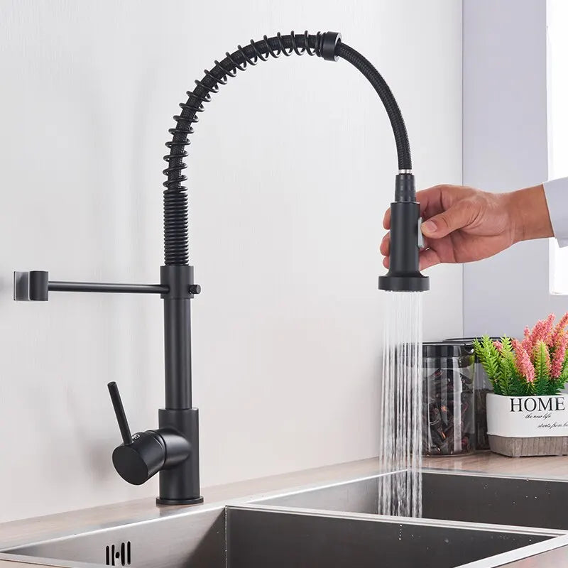 π° Pull-Down Kitchen Faucet β Matte Black Brass Spring Faucet with Dual Mode Nozzle | Hot & Cold Mixer Tap for Single-Hole Sink Installation