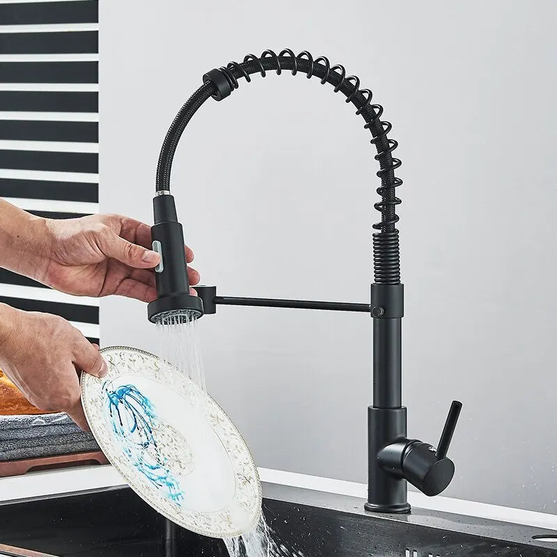 π° Pull-Down Kitchen Faucet β Matte Black Brass Spring Faucet with Dual Mode Nozzle | Hot & Cold Mixer Tap for Single-Hole Sink Installation