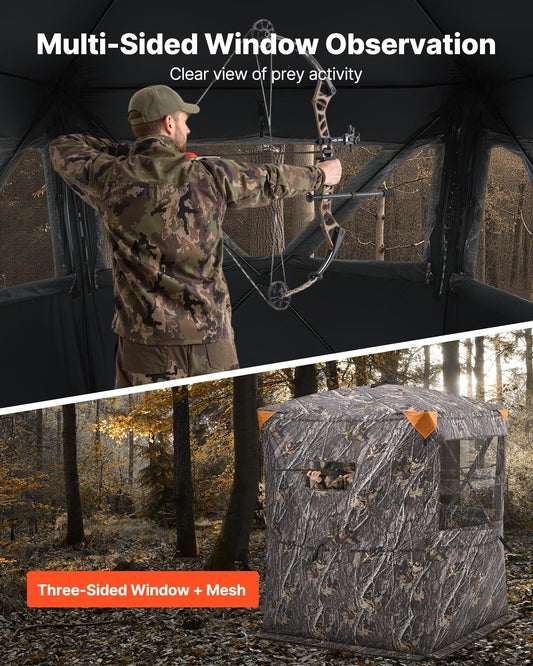 Hunting Blind, 2-3 Person Thermal Ground Blinds with Tri-Leg Chair and Carrying Bag, Portable Camouflage Tent, Durable Concealed Shelter with Silent Zipper Door and Window, for Turkey Deer