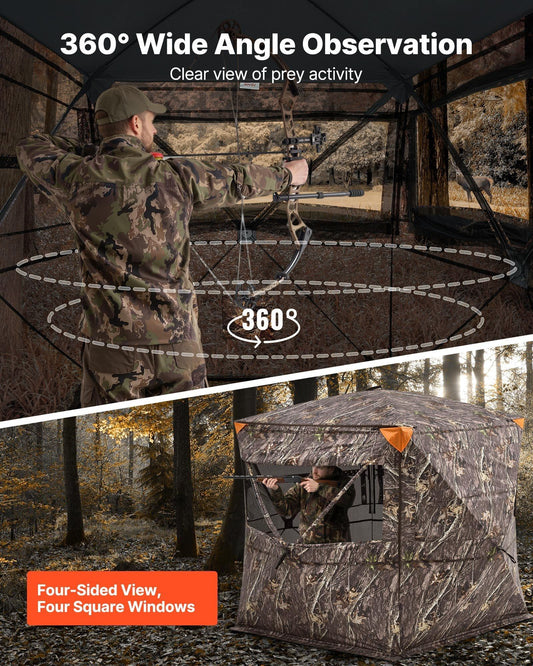 Hunting Blind, 4-5 Person See Through Ground Blinds with Carrying Bag, 360 Degree Portable Camouflage Tent, Durable Concealed Shelter with Silent Zipper Door and Window, for Turkey and Deer