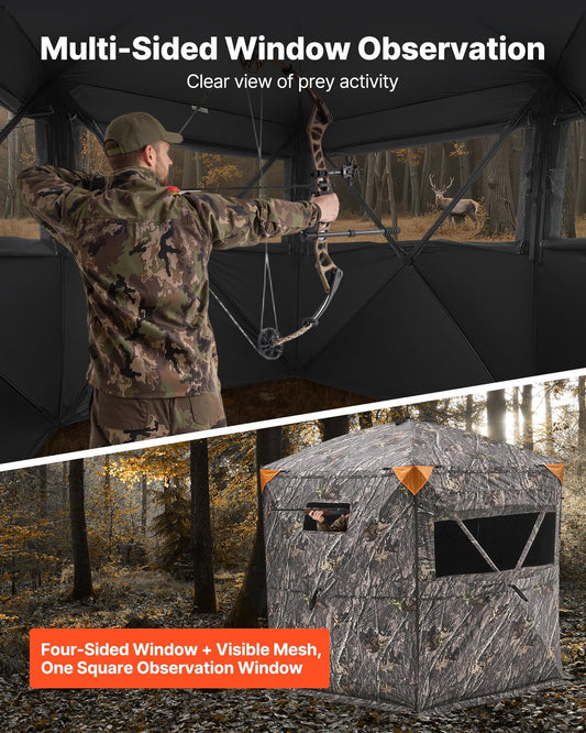 Hunting Blind, 6-7 Person Ground Blinds with Carrying Bag, Portable Camouflage Tent, Reinforced Durable Concealed Shelter with Silent Zipper Door and Window, for Turkey and Deer