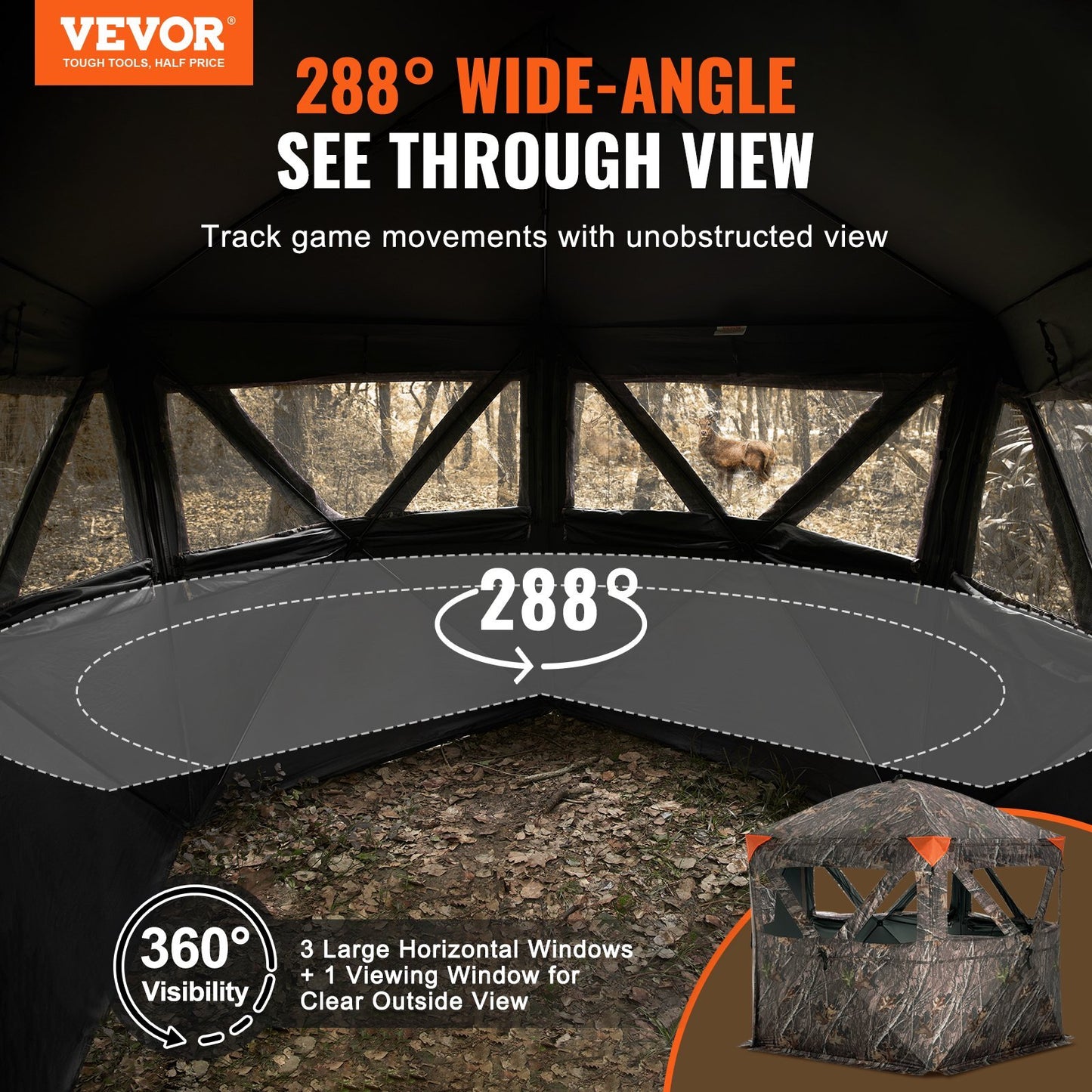 VEVOR Hunting Blind, 288? See Through Ground Blind, 6-7 Person Pop Up Deer Blind for Hunting with Carrying Bag, Portable Resilient Hunting Tent, 4 Horizontal Windows for Turkey and Deer Hunting