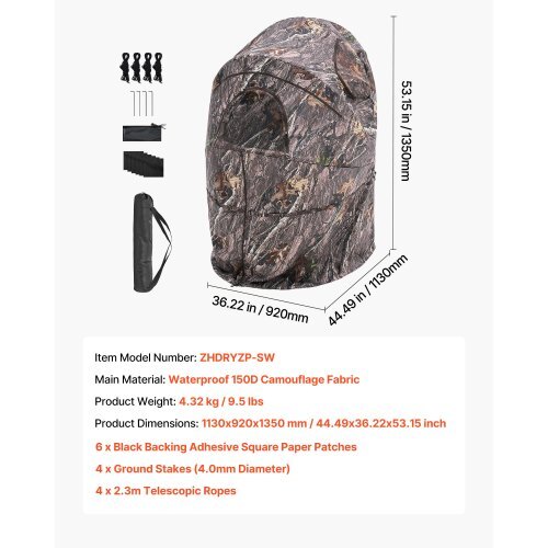 VEVOR Hunting Blind, Single Person Ground Blinds with Carrying Bag, Portable Camouflage Tent, Reinforced Durable Concealed Shelter with Silent Zipper Door and Window, for Turkey and Deer