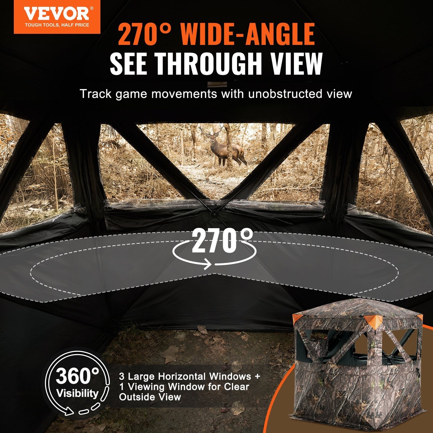 VEVOR Hunting Blind, 270 Ground Blind, 1-2 Person Pop Up Deer Blind for Hunting with Carrying Bag, Portable Resilient Hunting Tent, 3 Horizontal Windows for Turkey and Deer Hunting