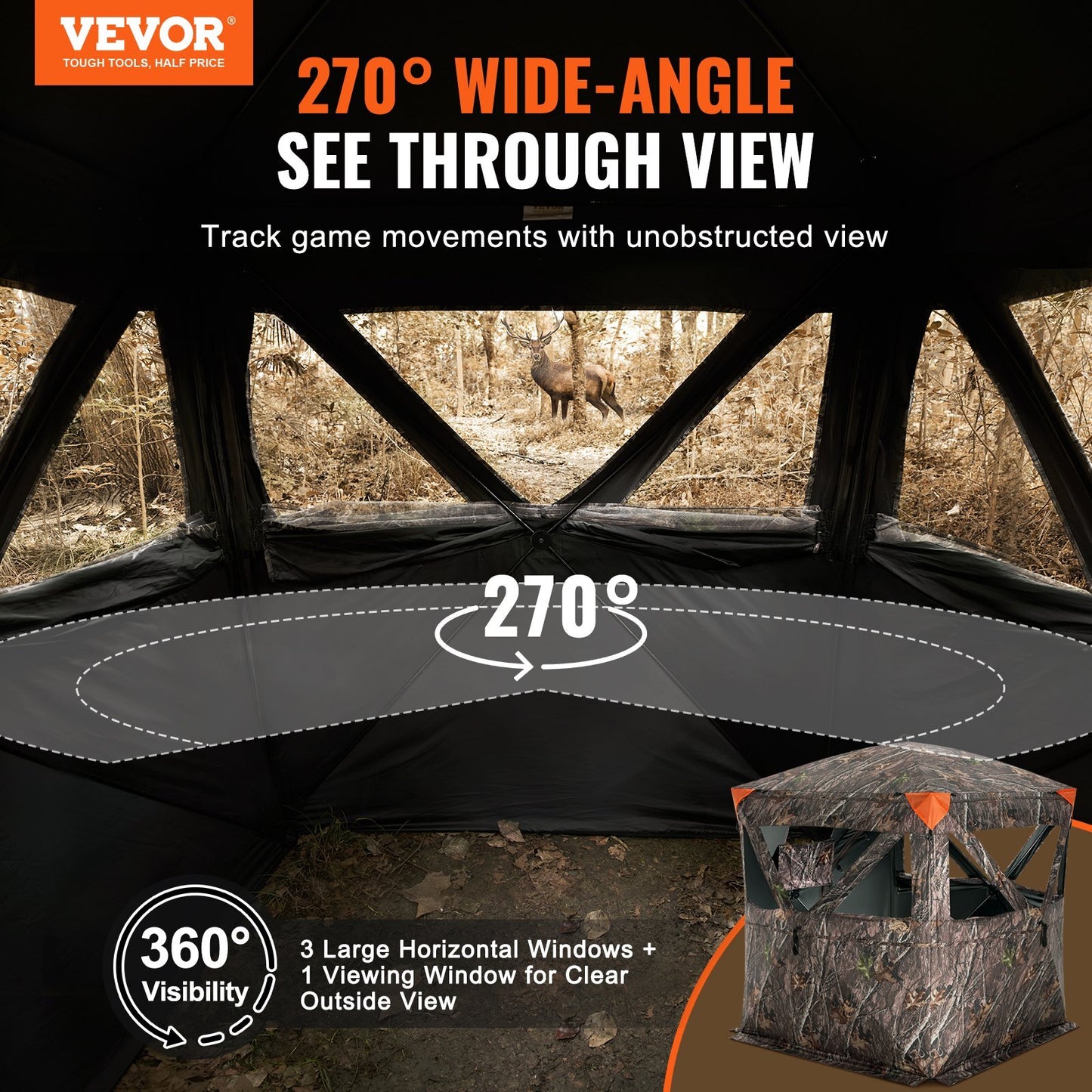 VEVOR Hunting Blind, 270? See Through Ground Blind, 2-3 Person Pop Up Deer Blind for Hunting with Carrying Bag, Portable Resilient Hunting Tent, 3 Horizontal Windows for Turkey and Deer Hunting