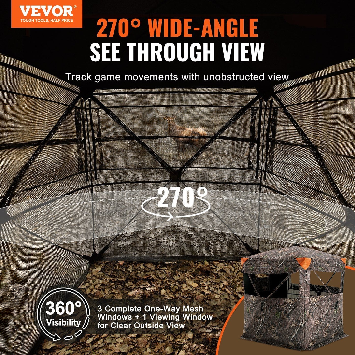 VEVOR Hunting Blind, 270? See Through Ground Blind, 1-2 Person Pop Up Deer Blind for Hunting with Carrying Bag, Portable Resilient Hunting Tent, One-Way See-Through Mesh for Turkey and Deer Hunting
