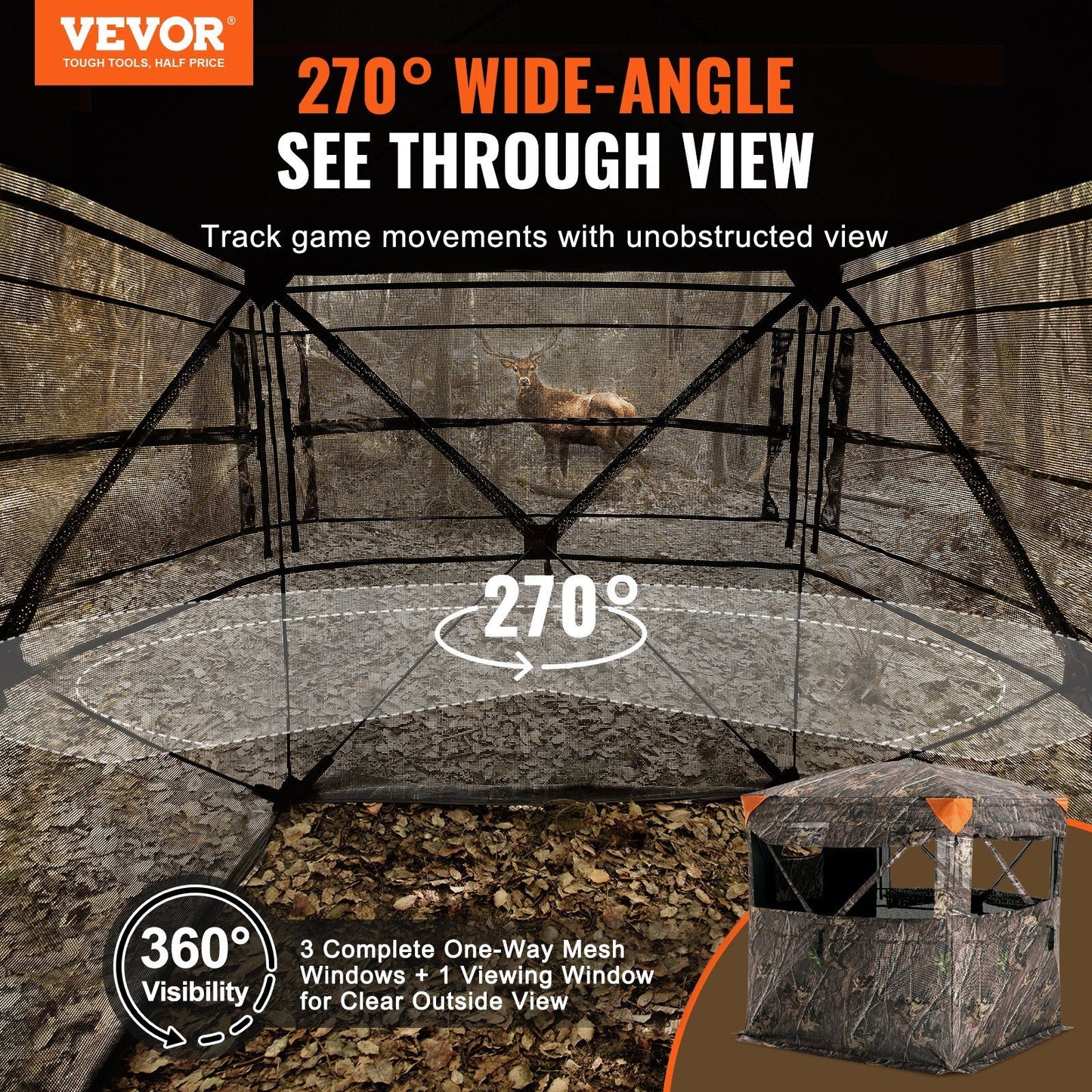 VEVOR Hunting Blind, 270? See Through Ground Blind, 2-3 Person Pop Up Deer Blind for Hunting with Carrying Bag, Portable Resilient Hunting Tent, One-Way See-Through Mesh for Turkey and Deer Hunting