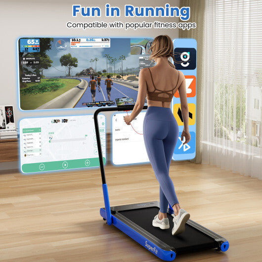 3-in-1 3HP Folding Treadmill with Smart Apps Remote Control and Speakers-Navy - Color: Navy