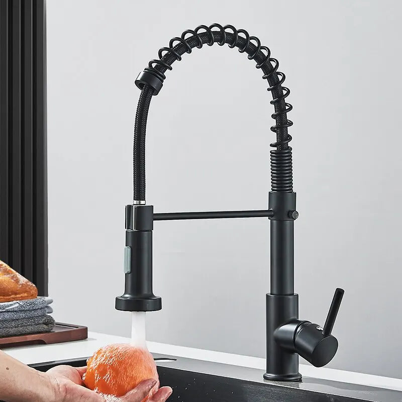 π° Pull-Down Kitchen Faucet β Matte Black Brass Spring Faucet with Dual Mode Nozzle | Hot & Cold Mixer Tap for Single-Hole Sink Installation