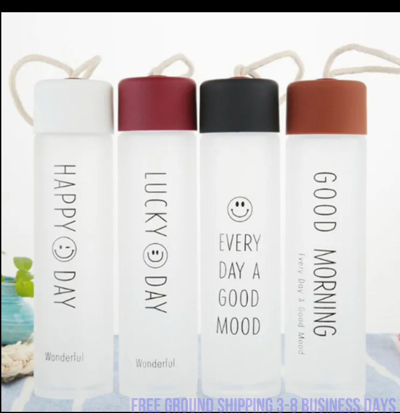Set of 4 Glass Water Bottles – Cute Smiling Face Design, Stylish & Durable. Ship from USA