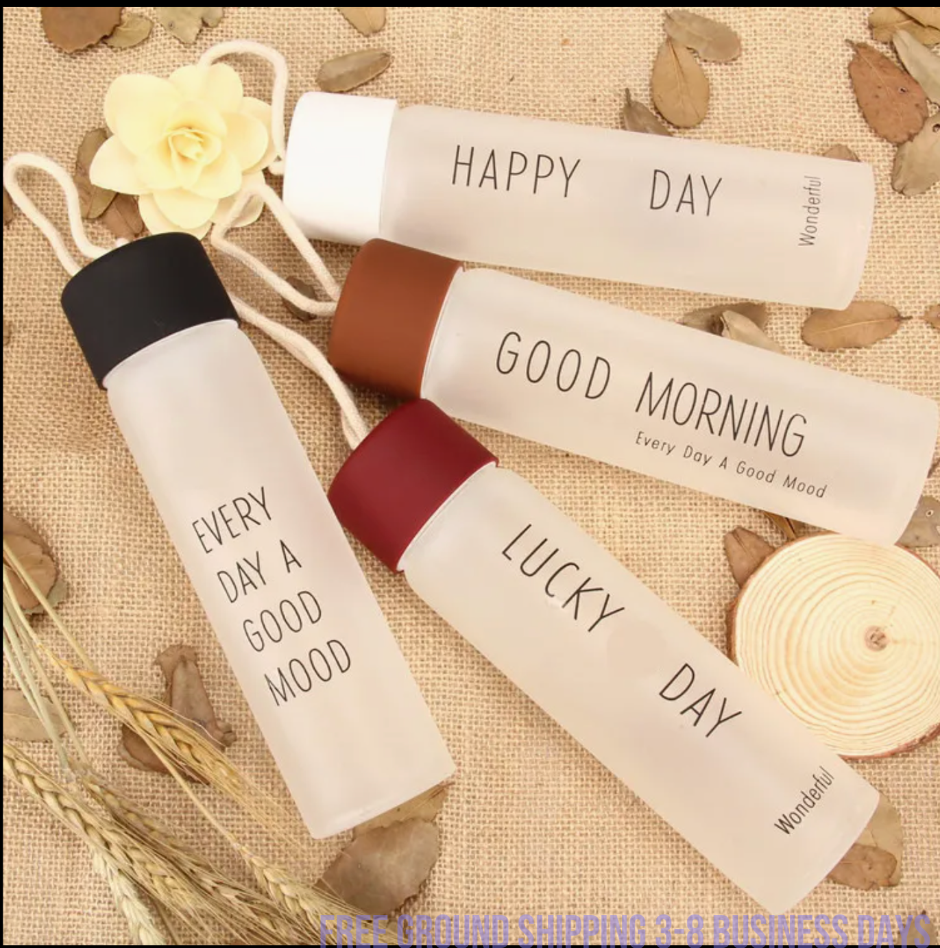 Set of 4 Glass Water Bottles – Cute Smiling Face Design, Stylish & Durable. Ship from USA