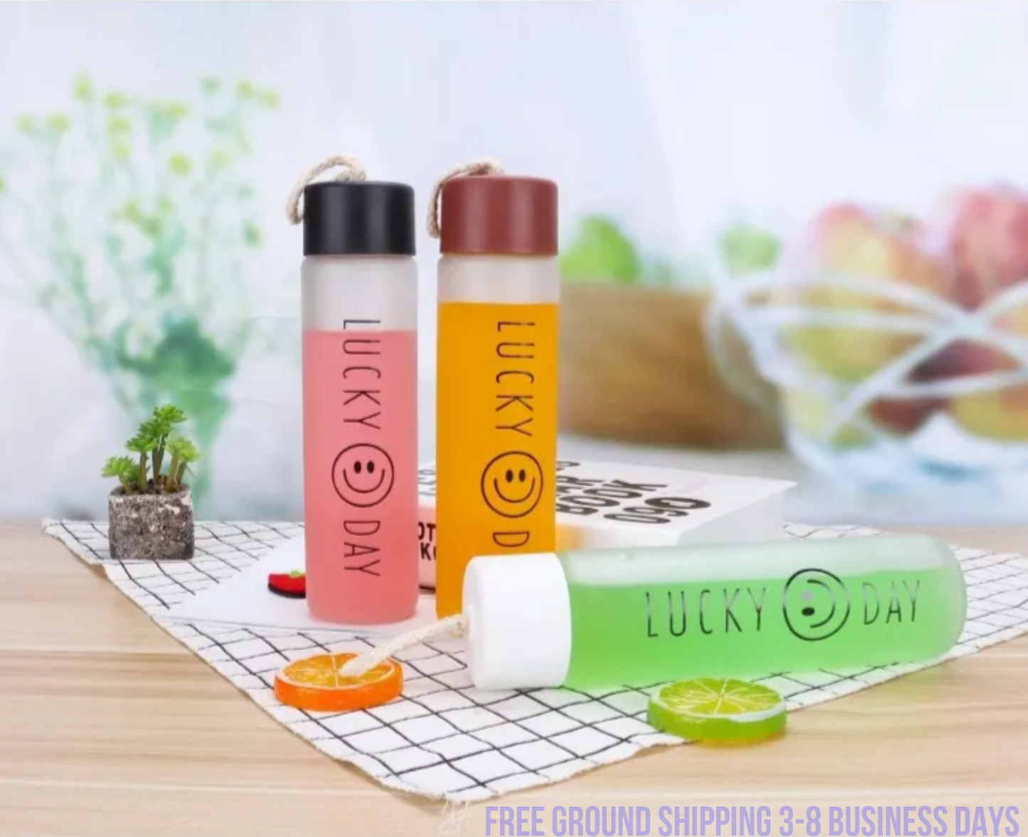 Set of 4 Glass Water Bottles – Cute Smiling Face Design, Stylish & Durable. Ship from USA