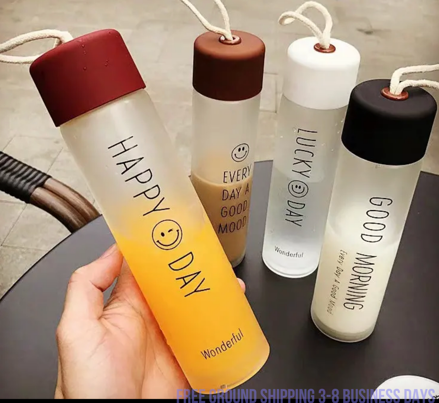 Set of 4 Glass Water Bottles – Cute Smiling Face Design, Stylish & Durable. Ship from USA