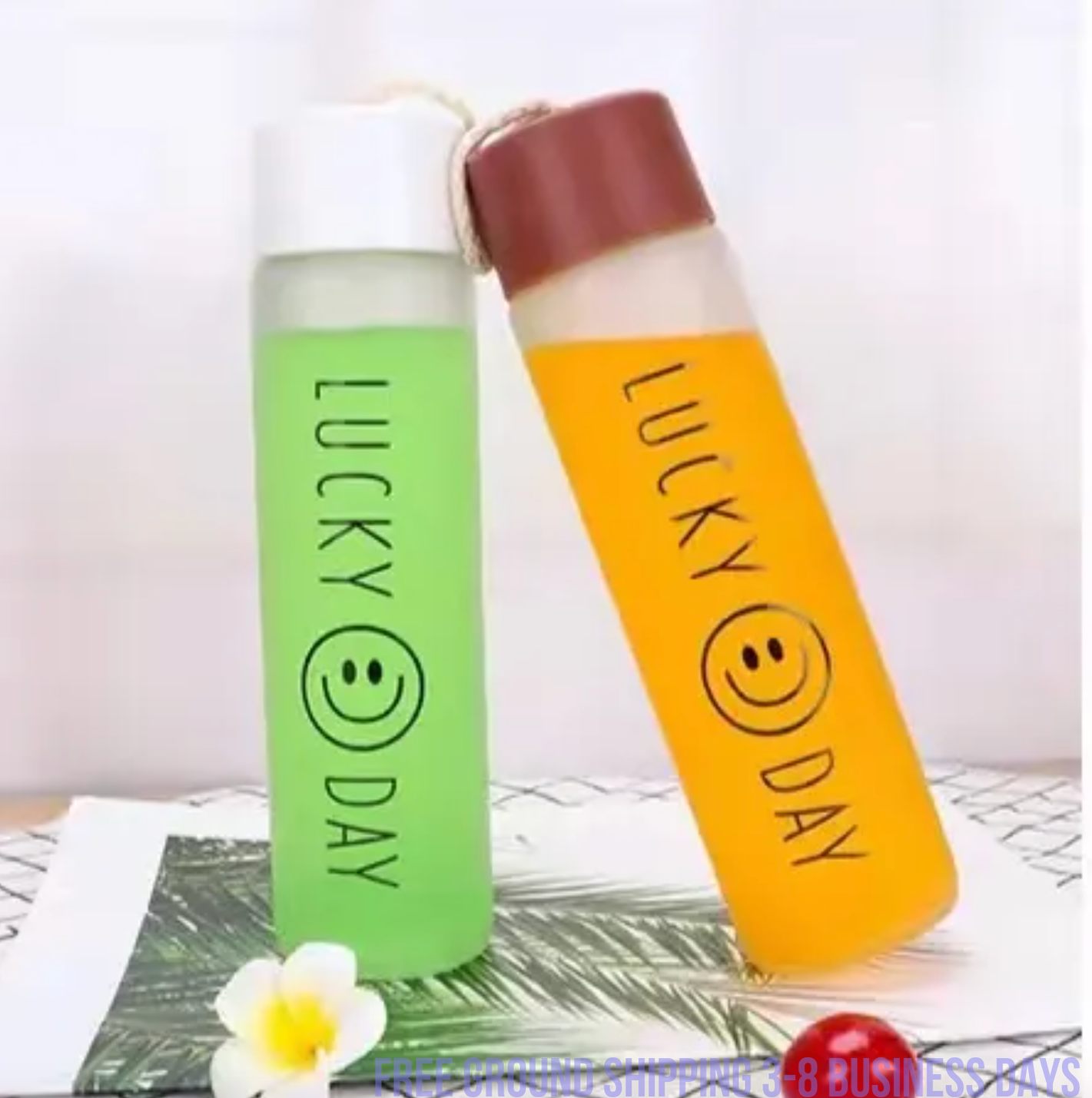 Set of 4 Glass Water Bottles – Cute Smiling Face Design, Stylish & Durable. Ship from USA