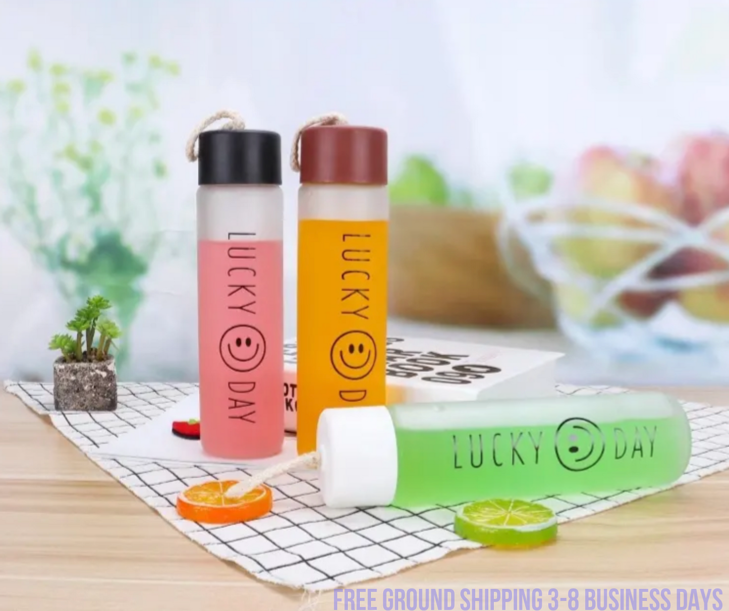 Set of 4 Glass Water Bottles – Cute Smiling Face Design, Stylish & Durable. Ship from USA
