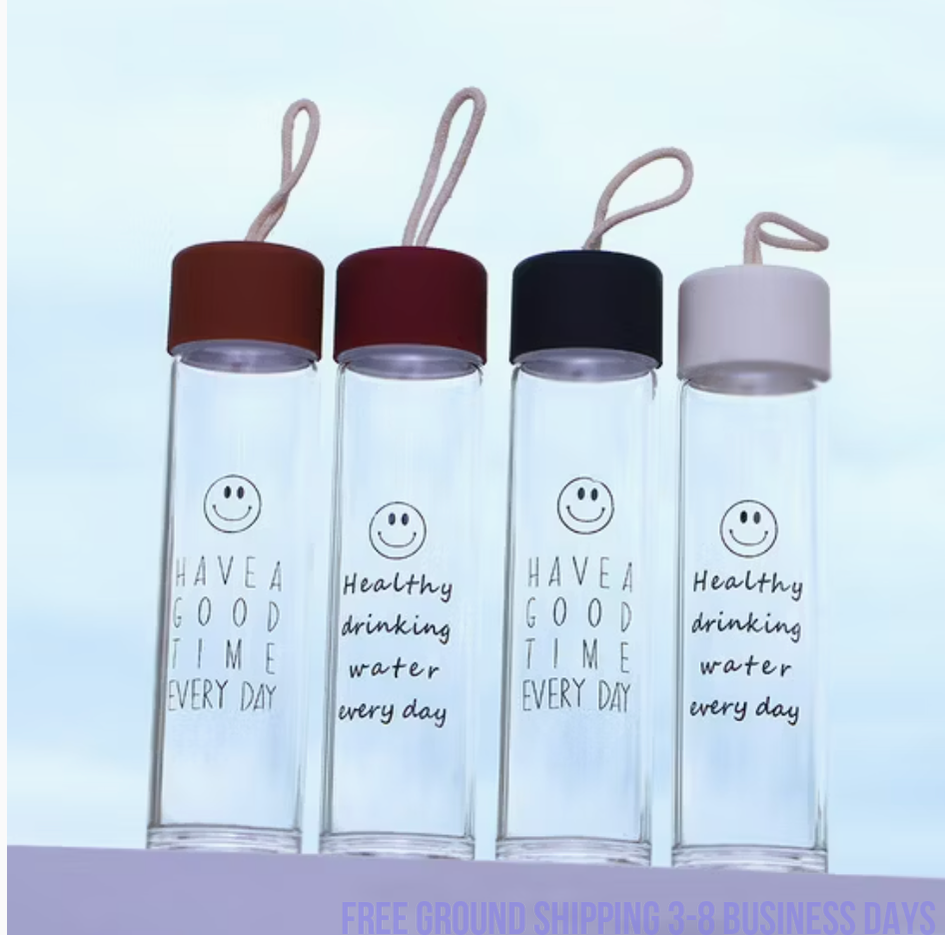 Set of 4 Glass Water Bottles – Cute Smiling Face Design, Stylish & Durable. Ship from USA