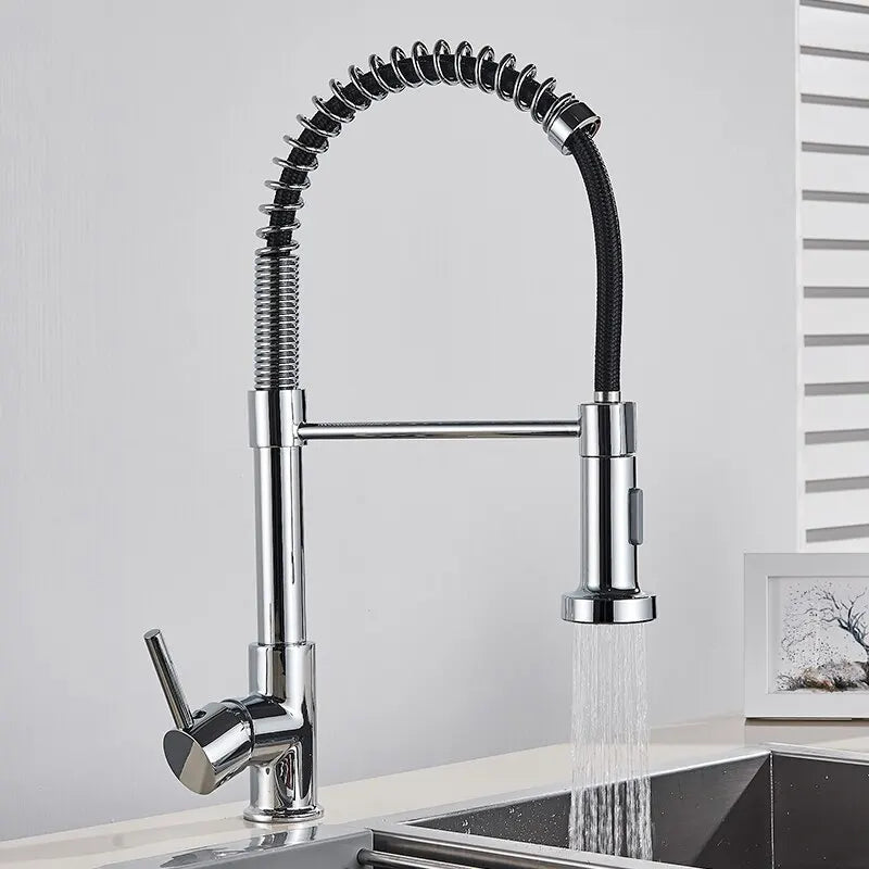 π° Pull-Down Kitchen Faucet β Matte Black Brass Spring Faucet with Dual Mode Nozzle | Hot & Cold Mixer Tap for Single-Hole Sink Installation