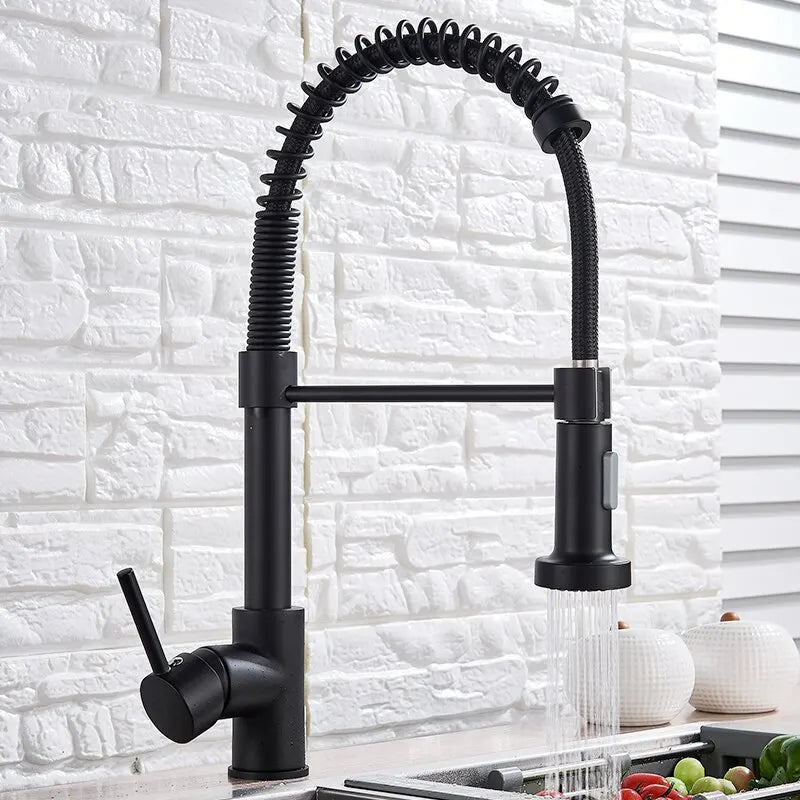 π° Pull-Down Kitchen Faucet β Matte Black Brass Spring Faucet with Dual Mode Nozzle | Hot & Cold Mixer Tap for Single-Hole Sink Installation