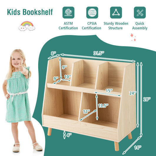 5-Cube Kids Bookshelf and Toy Organizer with Anti-Tipping Kits-Oak - Color: Oak