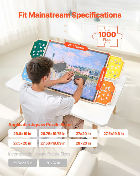 1000 Piece Rotating Puzzle Board with 4 Colorful Felt Drawers and Cover, 29x21 in Portable Wooden Table, Adjustable 2-Tilting-Angle Jigsaw Puzzle Accessories for Adults, Birthday Gift for Mom