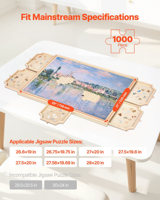1000 Piece Rotating Puzzle Board with 5 Drawers and Cover, 29x21 in Portable Wooden Table, Jigsaw Puzzle Accessories for Adults, Puzzles Organizer Storage System, Birthday Gift for Mom