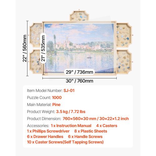 1000 Piece Rotating Puzzle Board with 5 Drawers and Cover, 29x21 in Portable Wooden Table, Jigsaw Puzzle Accessories for Adults, Puzzles Organizer Storage System, Birthday Gift for Mom