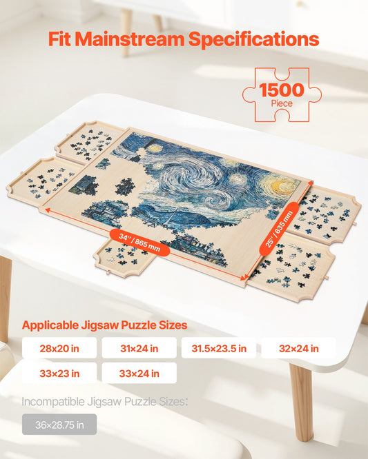 1500 Piece Rotating Puzzle Board with 5 Drawers and Cover, 34x25 inch in Portable Wooden Table, Jigsaw Puzzle Accessories for Adults, Puzzles Organizer Storage System, Birthday Gift for Mom